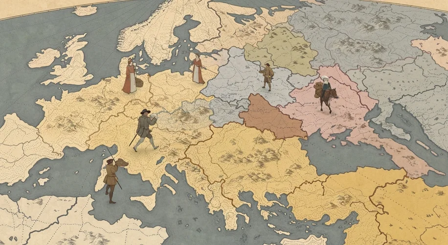 A map of early modern Europe with visible dotted lines representing evolving borders and a few styli