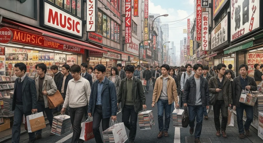 A vibrant Tokyo street scene in the late 1990s, with neon signs advertising music stores and people 
