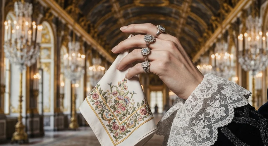 A close-up of a richly decorated 17th-century French courtier's hand holding a perfumed handkerchief