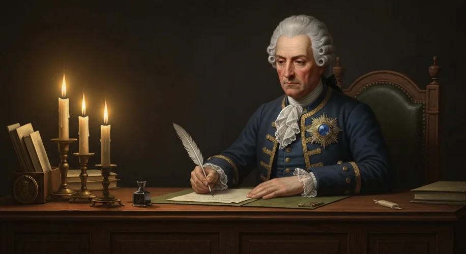 A portrait of a stern but thoughtful 18th-century European monarch, perhaps Frederick the Great or M