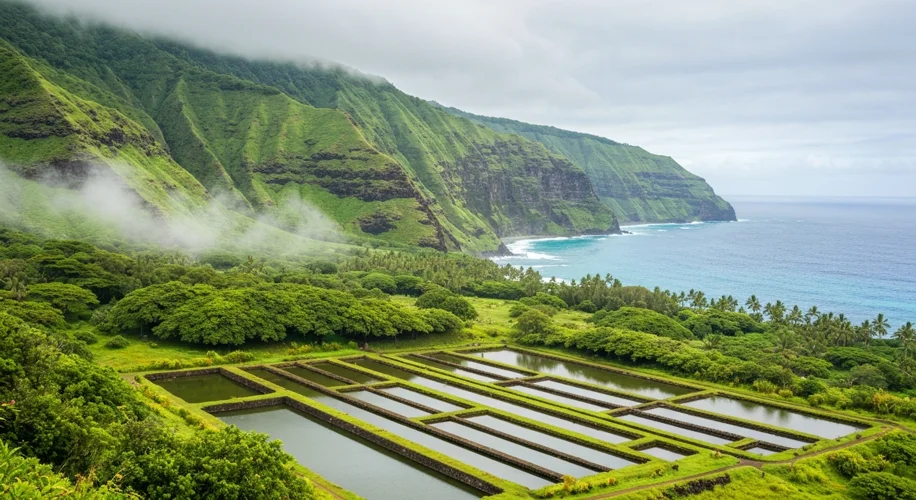 A majestic Hawaiian landscape featuring lush green valleys, dramatic cliffs, and a traditional Hawai