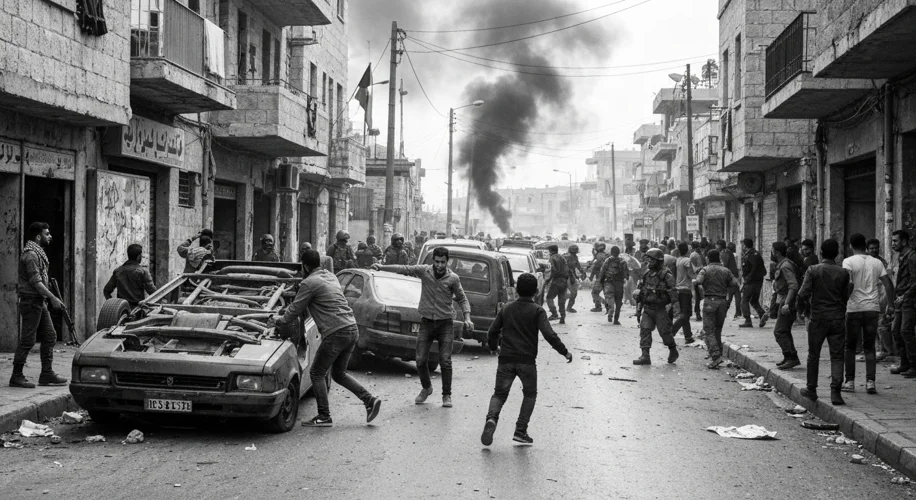 A black and white image depicting the early days of the First Intifada, with Palestinian youths clas
