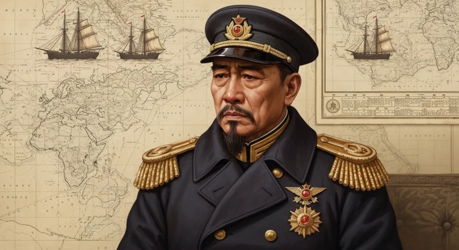 A portrait of Admiral Ding Ruchang looking resolute but melancholic, perhaps contemplating his fleet