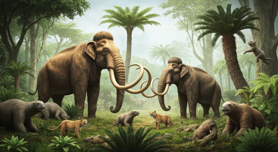 A reconstruction of Columbian and Steppe mammoths interacting in a prehistoric Mexican landscape, wi
