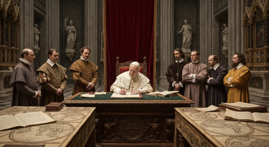 A dramatic depiction of Pope Alexander VI in his papal chambers, surrounded by advisors, signing a l