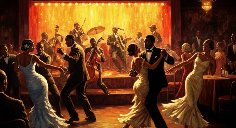 A vibrant jazz club interior in the 1920s, with musicians performing on stage and elegantly dressed