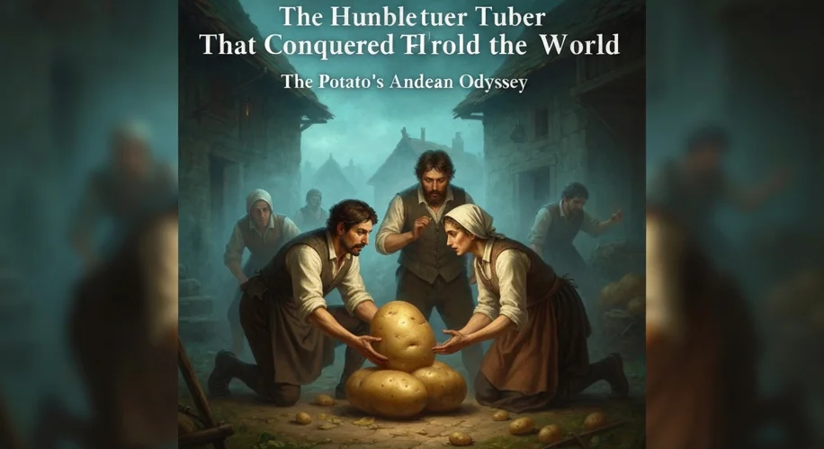 A dramatic depiction of European peasants cautiously examining potatoes, with a backdrop of suspicio
