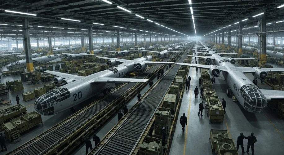 A panoramic view of the vast Willow Run assembly plant during WWII, with numerous B-24 Liberator bom