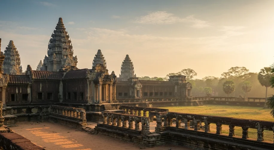 A sweeping panoramic view of Angkor Wat at sunrise, with intricate stone carvings visible and a soft