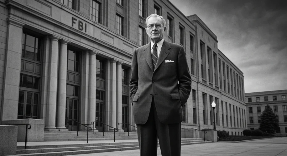 A vintage black and white photograph depicting J. Edgar Hoover standing sternly in front of the FBI 