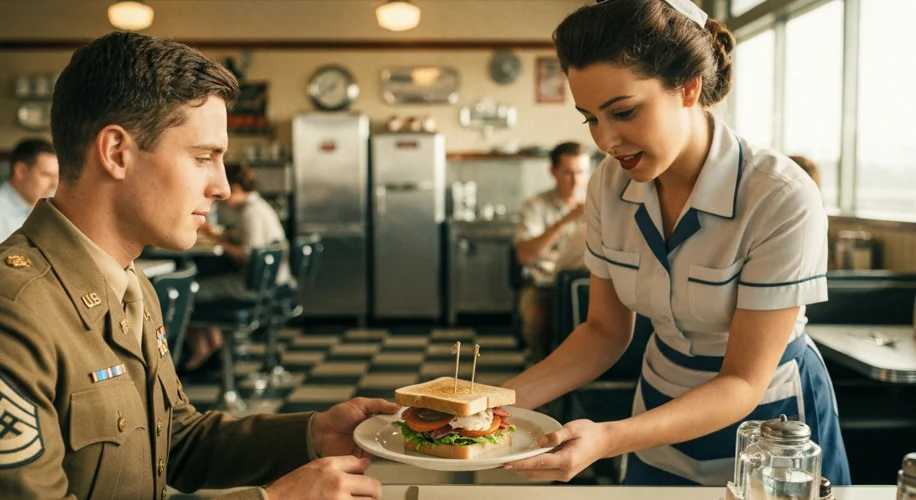 A 1940s-era diner scene with a waitress placing a perfectly assembled BLT sandwich on a plate for a