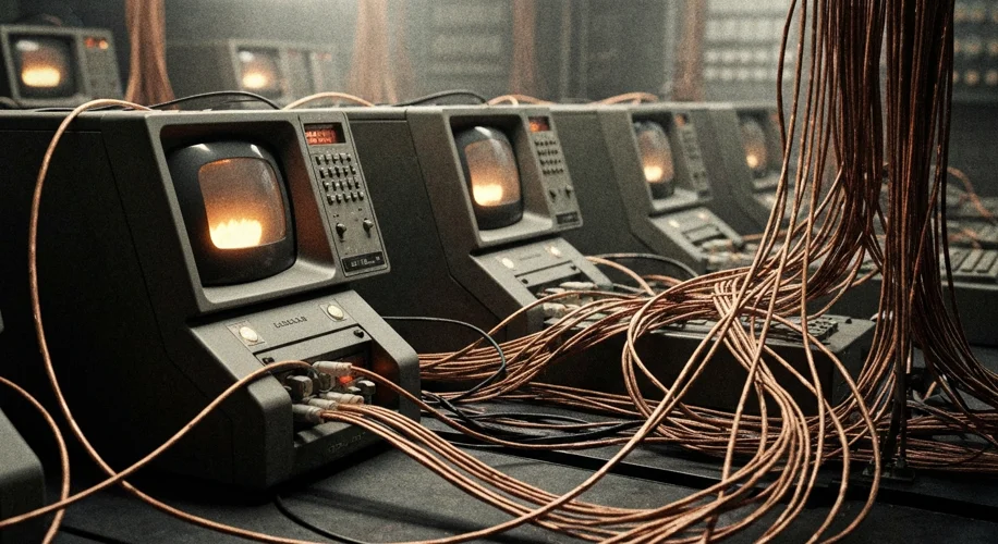 A vintage, grainy photograph showing early computer terminals and network infrastructure, conveying 