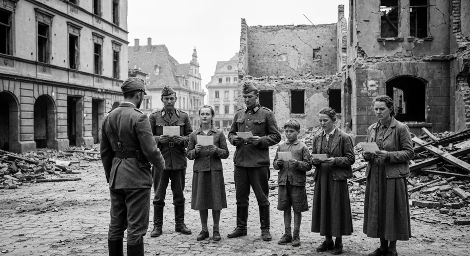 A black and white photograph showing Allied soldiers interrogating German civilians in a bombed-out 