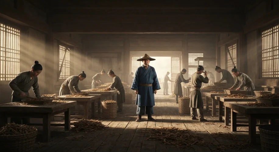 An ancient Chinese workshop with workers processing mulberry bark, hemp, and rags into pulp, with Ca