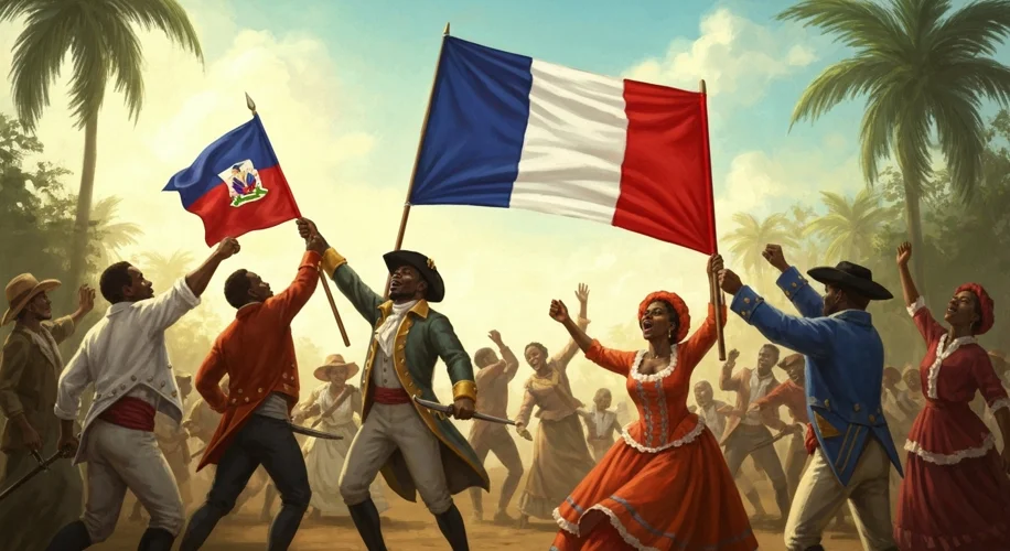 A triumphant scene of Haitian revolutionaries raising the newly independent flag of Haiti, with the 