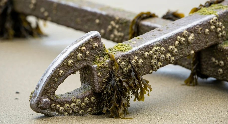 Close-up of a section of the anchor showing intricate metalwork and thick layers of marine growth.