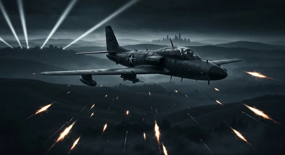 A dramatic depiction of a U-2 spy plane being targeted by anti-aircraft fire over a darkened landsca