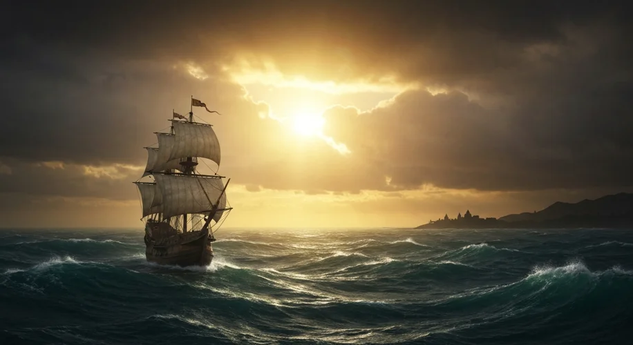 A 15th-century Spanish galleon sailing on a turbulent ocean under a dramatic, stormy sky, with a gol