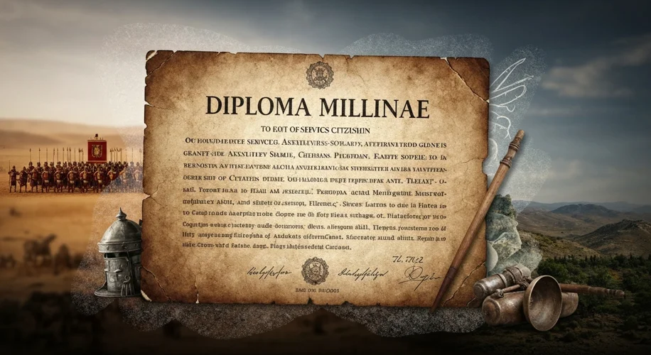 A weathered Roman military diploma (diploma militiae) displayed prominently, with text and imagery i