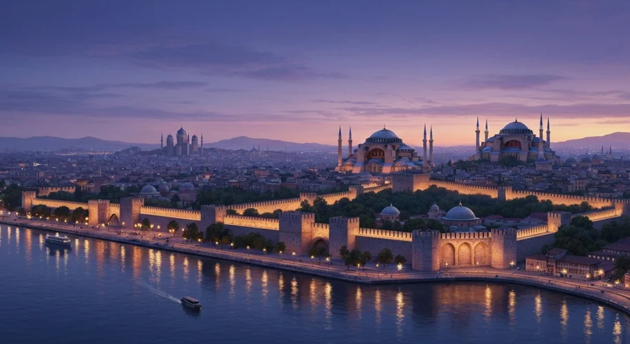 A panoramic view of Constantinople, showcasing its formidable Theodosian Walls, the Golden Horn, and