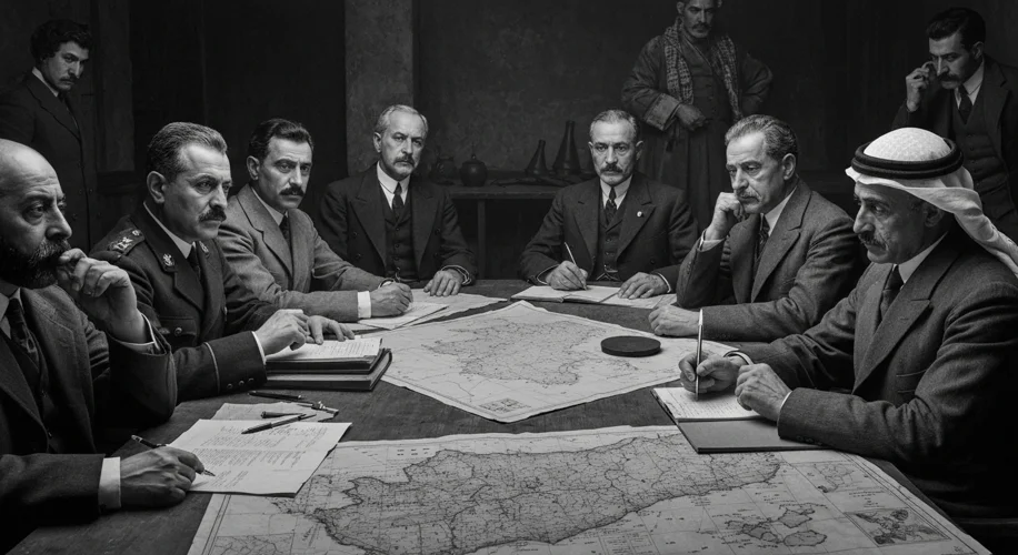 A historical black and white photograph depicting a meeting between British officials and Arab leade