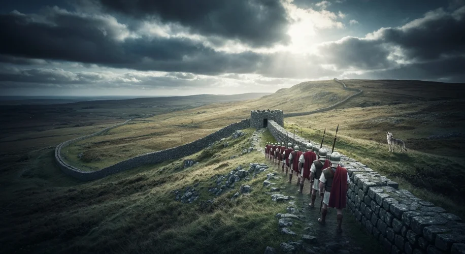 A panoramic view of Hadrian's Wall snaking across a rugged, windswept British landscape under a dram