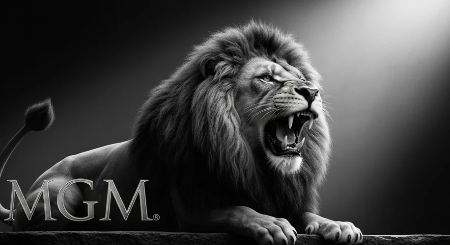 A dramatic, black and white photograph of the iconic Metro-Goldwyn-Mayer (MGM) lion roaring, with th
