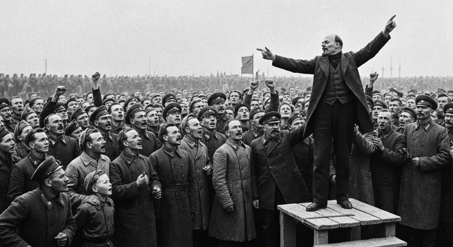 A black and white photograph of Vladimir Lenin addressing a large, enthusiastic crowd of Russian wor