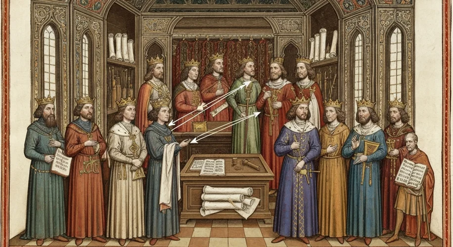 A medieval manuscript illustration showing a succession of French kings, with arrows indicating the 