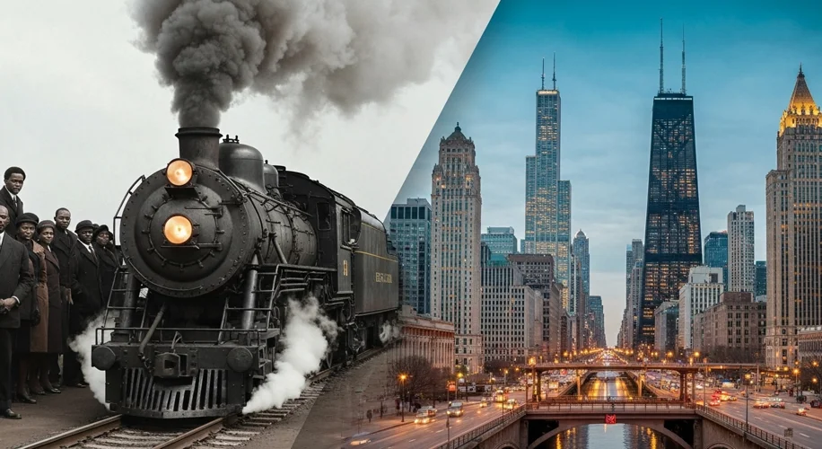 A split image: one side shows a bustling train pulling away from a station in the South, the other s