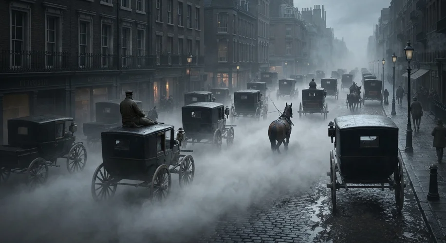 A depiction of Victorian London with a dense fog, horse-drawn carriages, and a palpable sense of smo