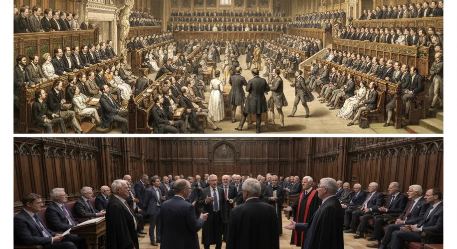 A split image. The top half shows a historical engraving of the House of Commons in the 19th century
