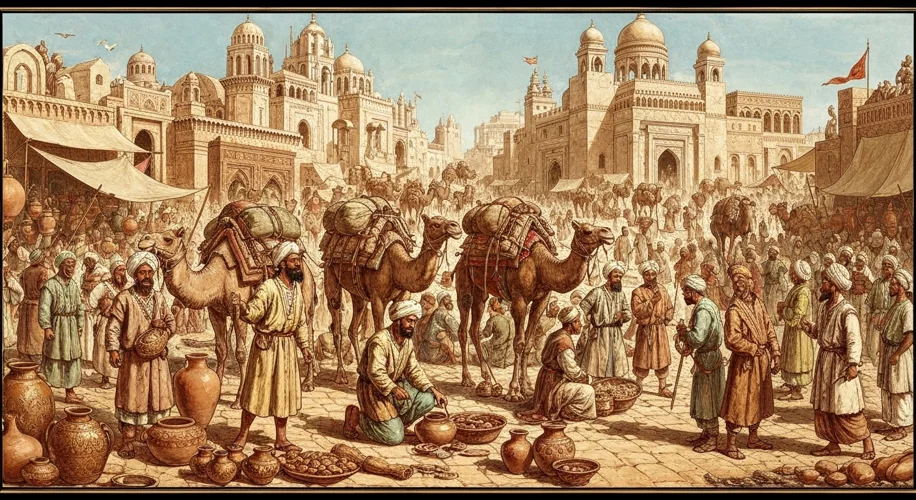 A vibrant, bustling marketplace along the Silk Road, with merchants from diverse backgrounds trading