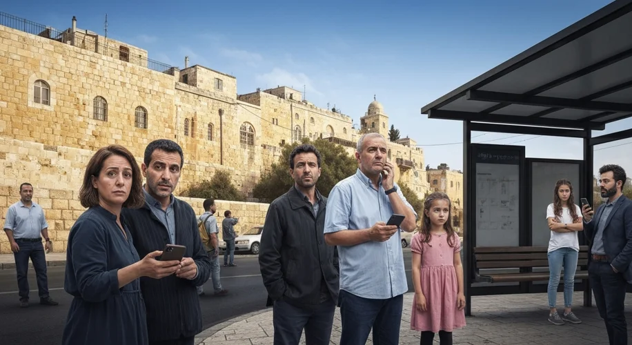 A bustling Jerusalem street scene with a bus stop in the foreground. Several people are waiting for 