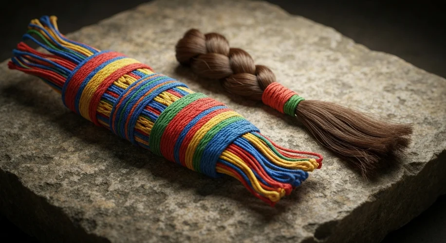An ancient Inca quipu, a complex arrangement of knotted cords of various colors, displayed on a roug