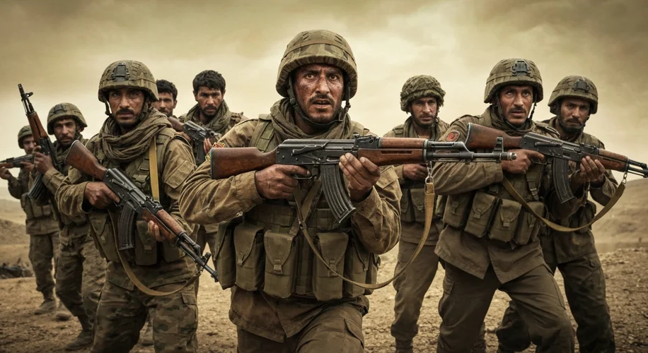 A group of diverse mujahideen fighters, armed with Kalashnikov rifles, standing in the rugged, mount