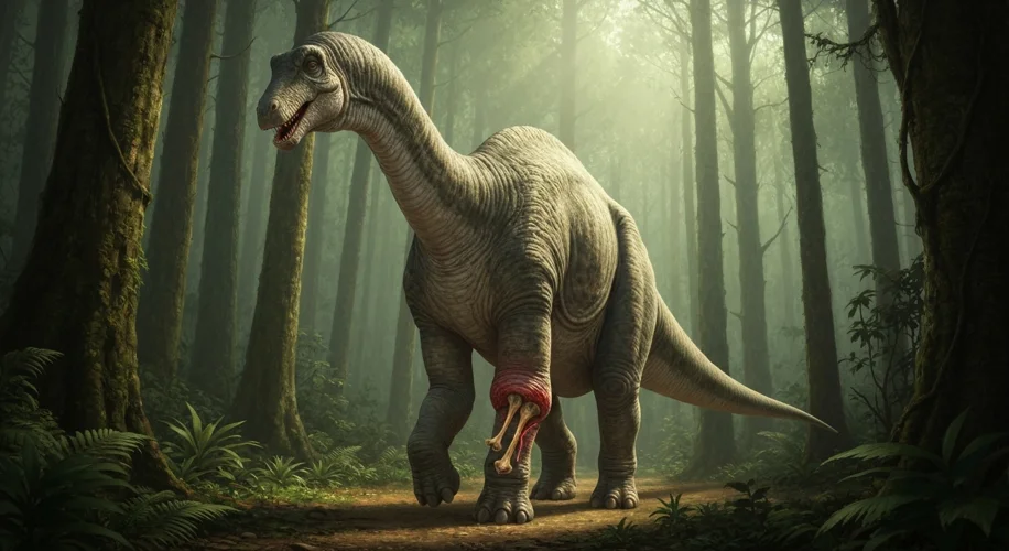 A dramatic illustration of a long-necked sauropod dinosaur limping through a prehistoric forest, wit