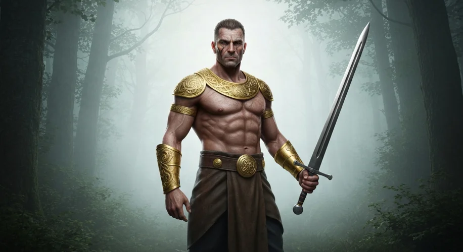 A Celtic warrior wearing ornate gold torc and armbands, holding a finely crafted iron sword. The bac