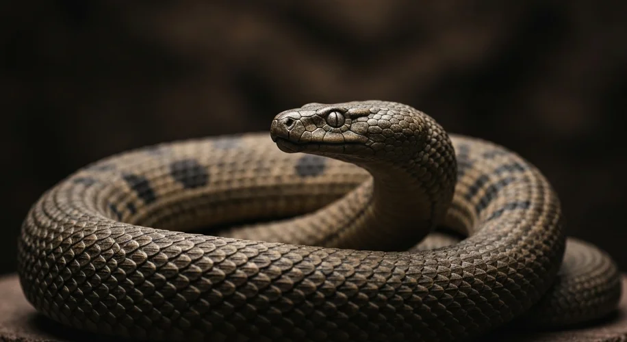 A close-up on a weathered ancient Egyptian asp coiled defensively, symbolizing Cleopatra's final cho