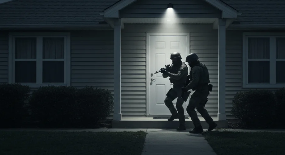 A stark, modern image of a SWAT team breaching a suburban front door in the pre-dawn light, with a s