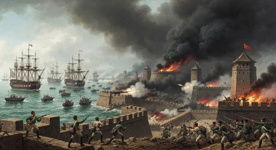 A dynamic painting showing British naval ships firing cannons at Chinese coastal fortifications duri