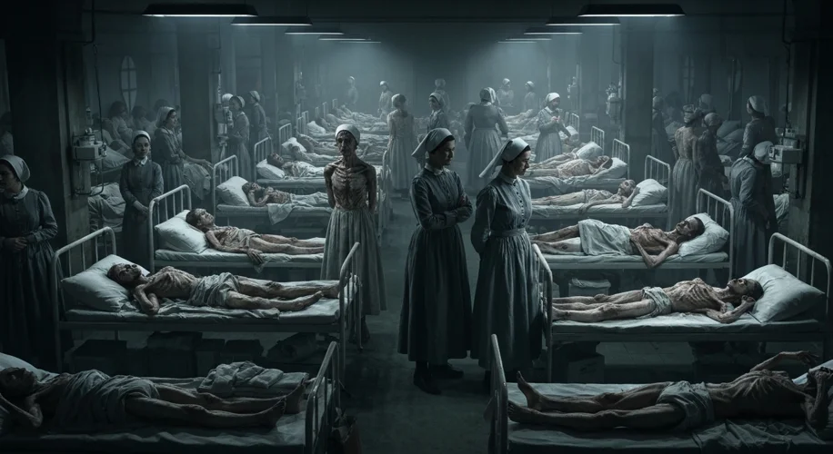A crowded, dimly lit hospital ward in 1918. Nurses in severe uniforms attend to rows of cots filled 