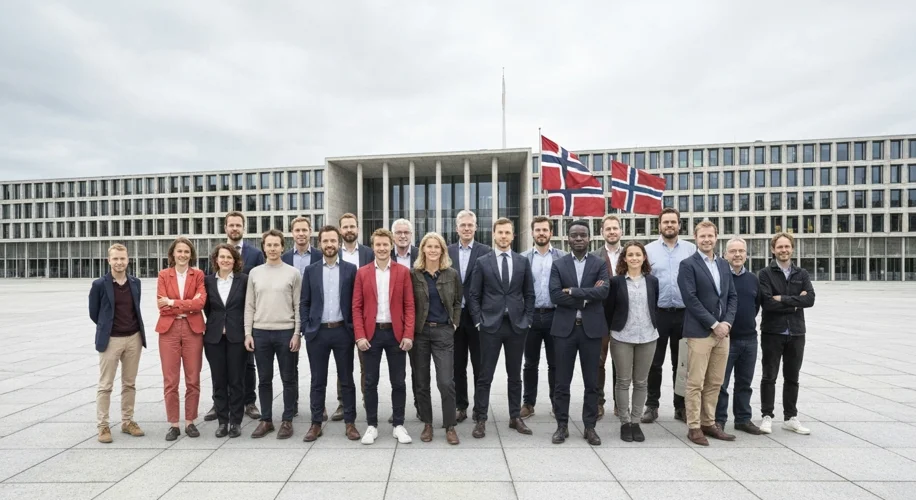 A diverse group of people from Denmark, Norway, and Sweden standing together in front of a modern Sc