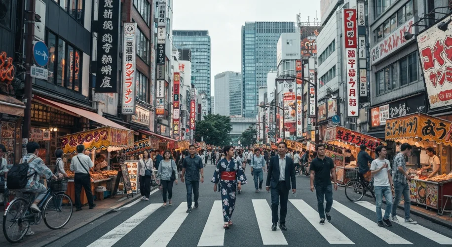 A bustling street scene in modern Tokyo, with diverse people of various ethnicities interacting, sym