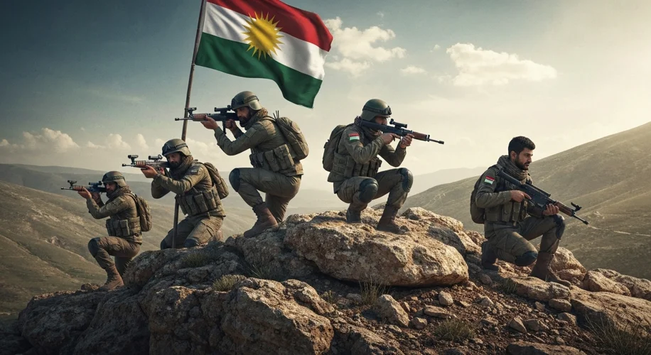 A group of Kurdish Peshmerga fighters standing guard on a rocky hilltop, overlooking a valley, with