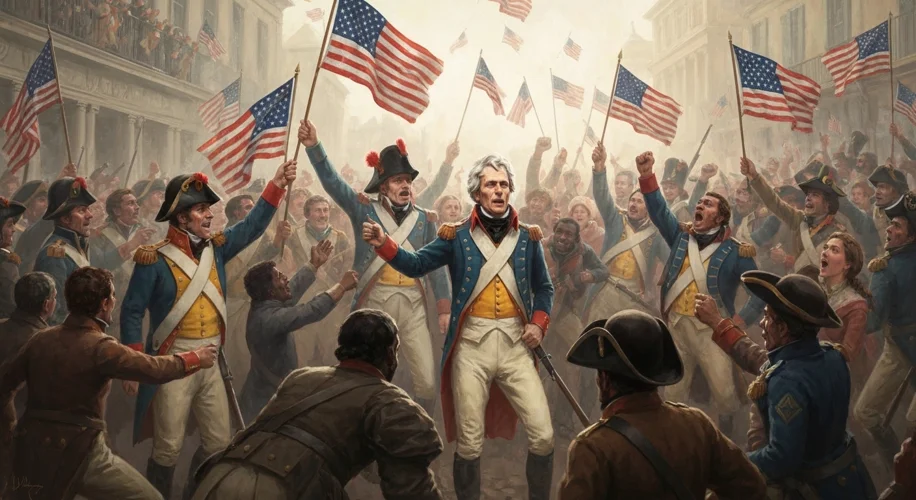 A jubilant crowd in New Orleans celebrating the victory. Andrew Jackson, looking triumphant but wear