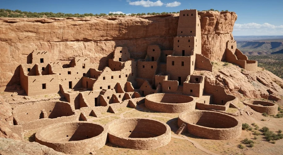 A detailed reconstruction of Pueblo Bonito in Chaco Canyon, New Mexico, showing multi-story adobe st