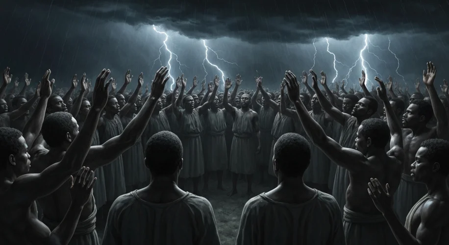 A dramatic depiction of the Bois Caïman ceremony, a clandestine Vodou ritual under a stormy sky, sym