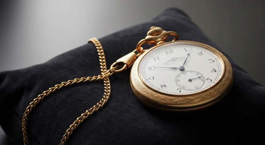 An intricate antique pocket watch with a gold chain, resting on a velvet cushion, with a soft, diffu