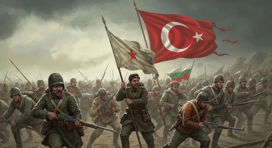 A dramatic illustration of Balkan soldiers from different nations (Serbian, Bulgarian, Greek) chargi